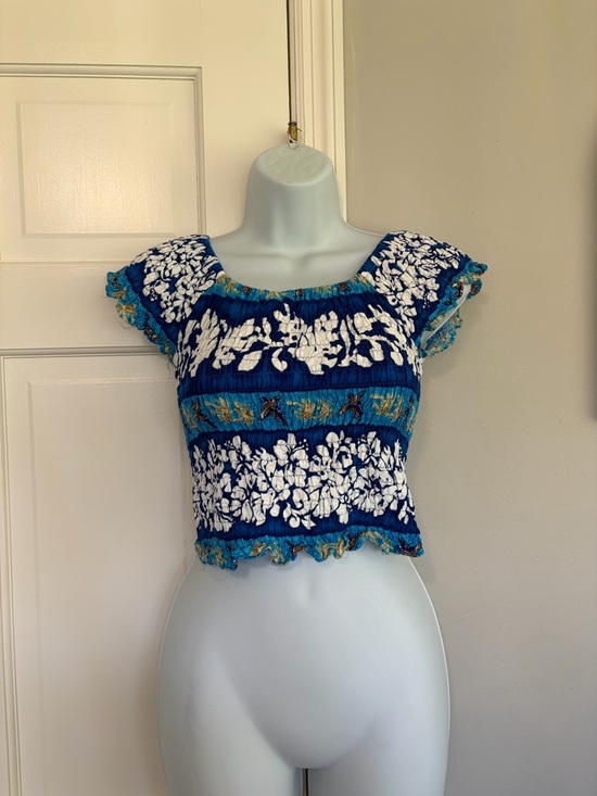 Banana Blue Tops - Blue Floral Smocked Square-Neck Crop Top